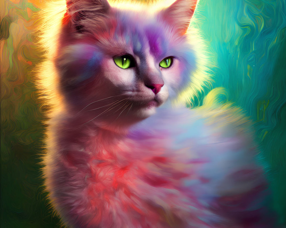 Colorful Digital Artwork: Cat with Purple and Red Fur on Rainbow Background