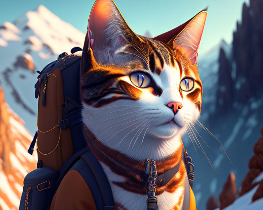 Tabby Cat with Backpack in Mountain Landscape