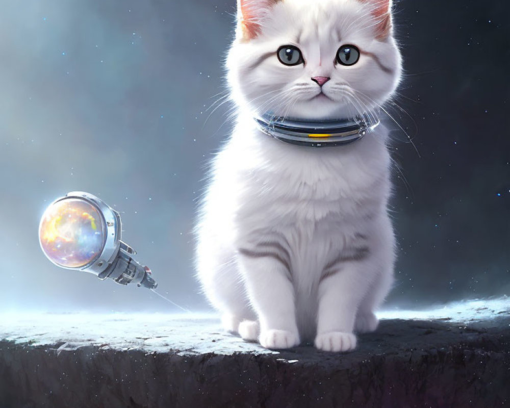 White Cat with Futuristic Collar Beside Hovering Robot in Cosmic Scene