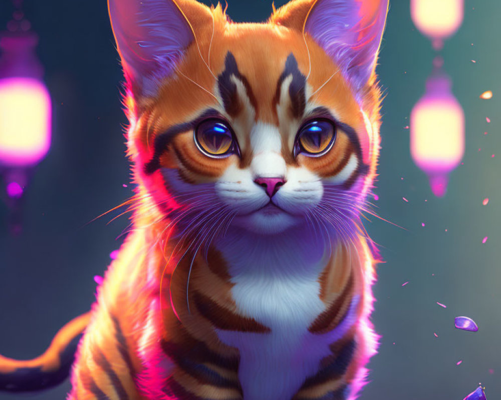 Orange Tabby Kitten Surrounded by Lanterns and Sparkles in Dreamy Purple Ambiance