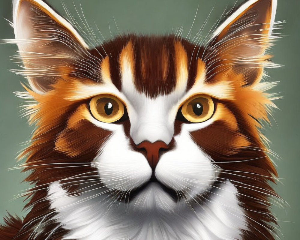 Detailed digital artwork of orange and white cat with amber eyes on green backdrop