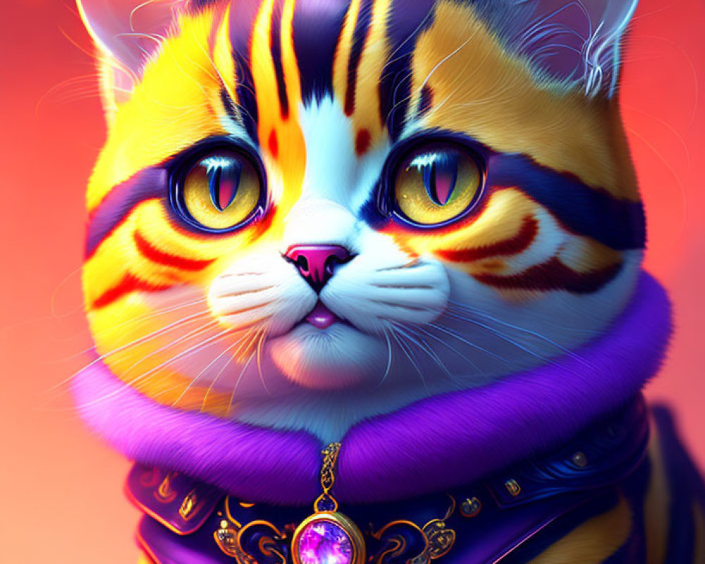 Colorful digital art: Cat with tiger stripes, green eyes, purple jacket.