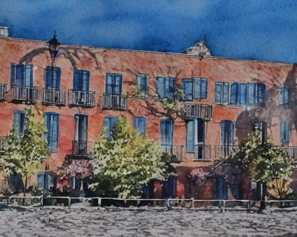 Sunlit Red-Bricked Building Watercolor Painting