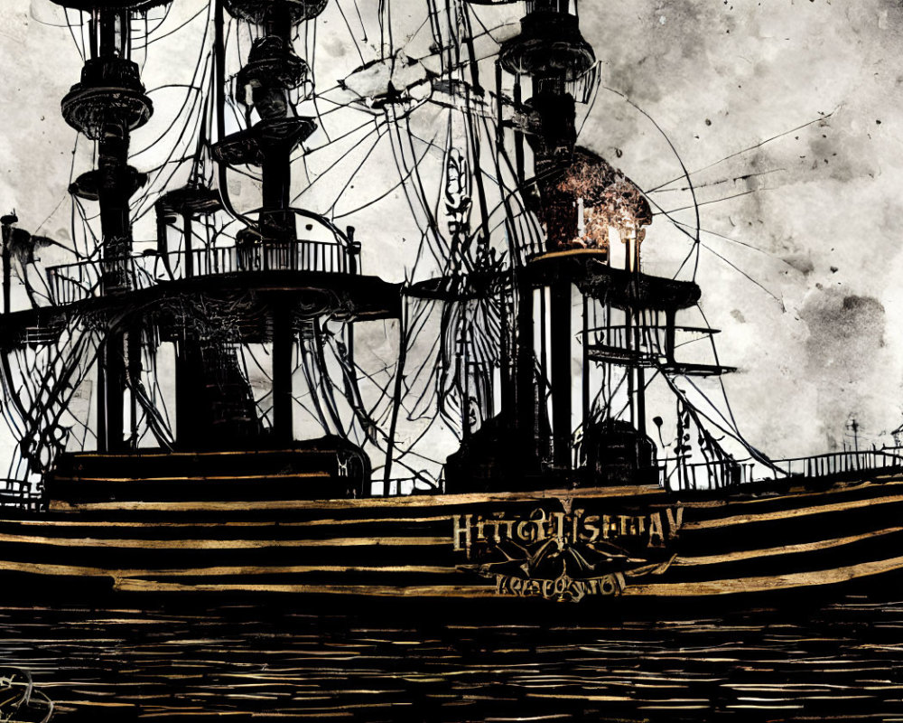 Vintage ship "HIGHWAY" with multiple masts and lit lanterns in sepia-toned ink