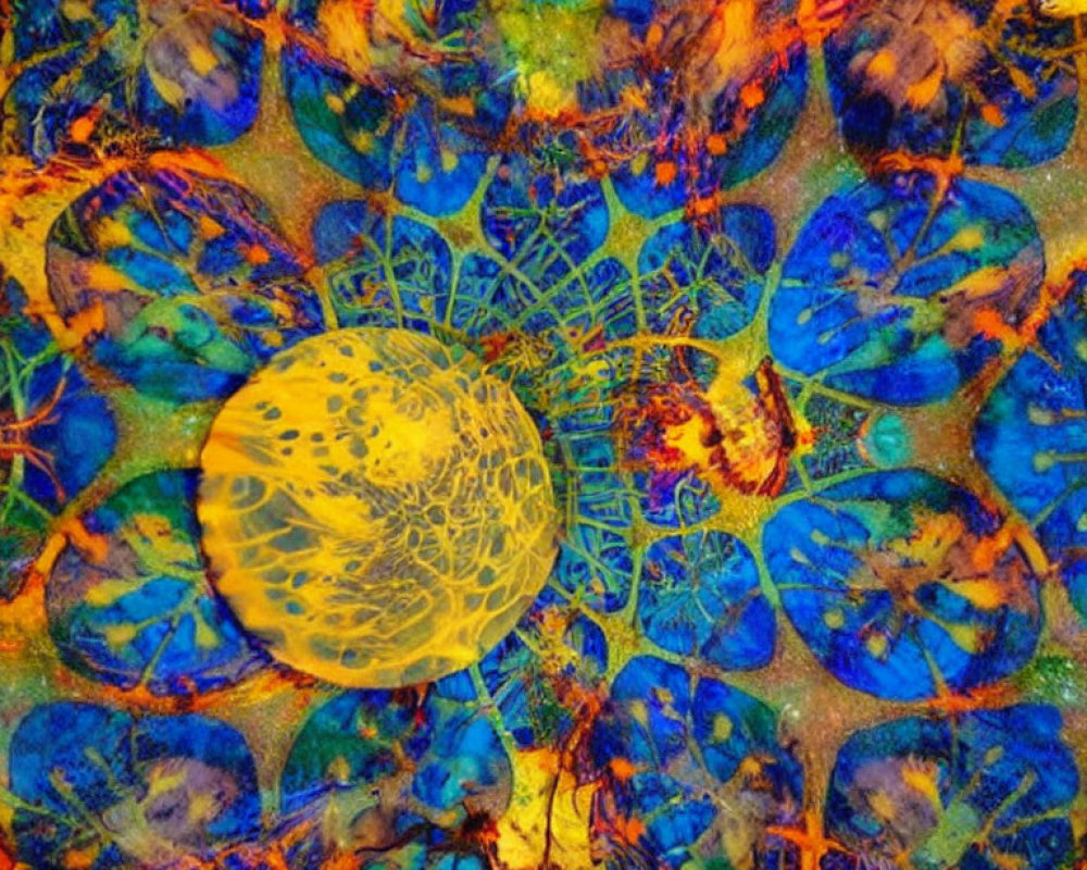 Colorful Abstract Artwork with Yellow Center and Blue & Orange Fractal Patterns