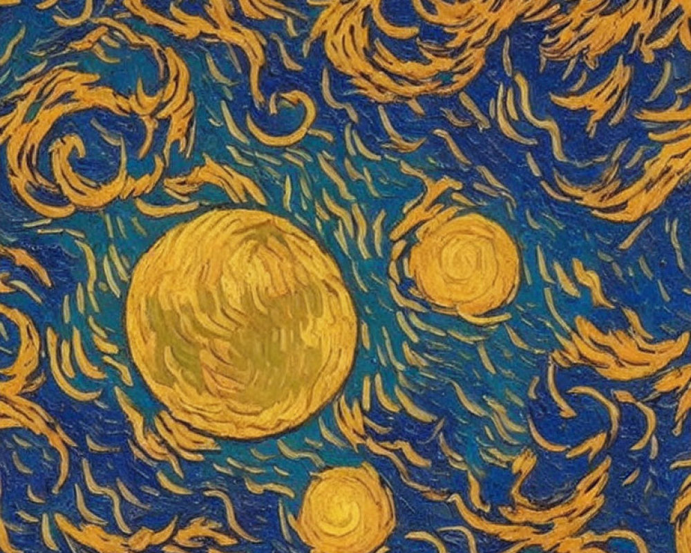 Vivid painting with swirling blue patterns and yellow stars