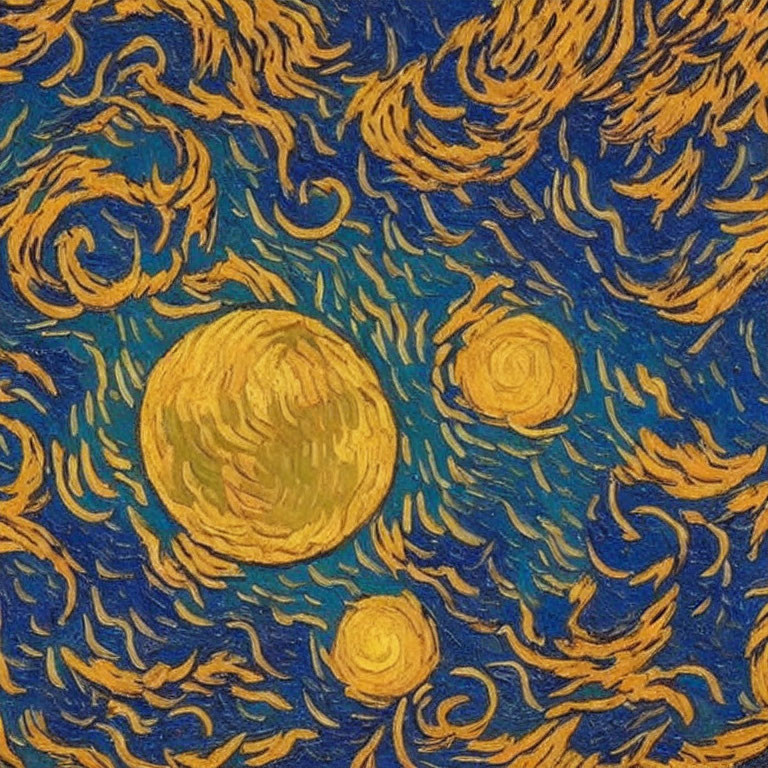 Vivid painting with swirling blue patterns and yellow stars
