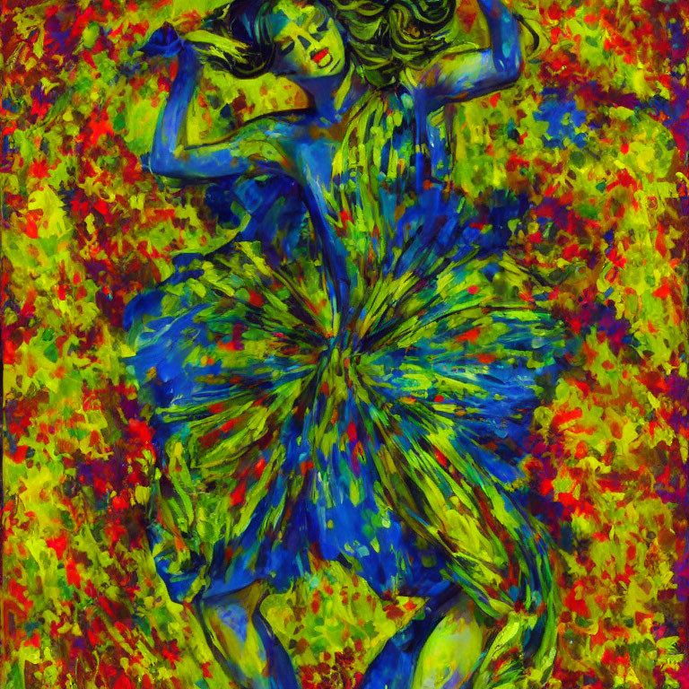 Colorful Abstract Painting: Figure with Flowery Dress on Red and Green Background