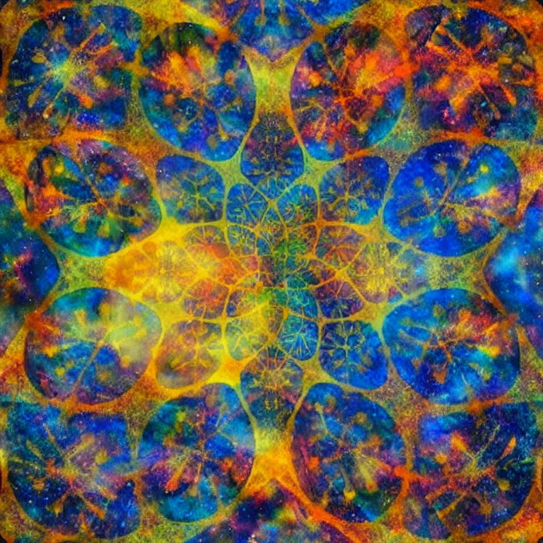 Colorful Mandala with Intricate Patterns in Blue, Orange, and Yellow