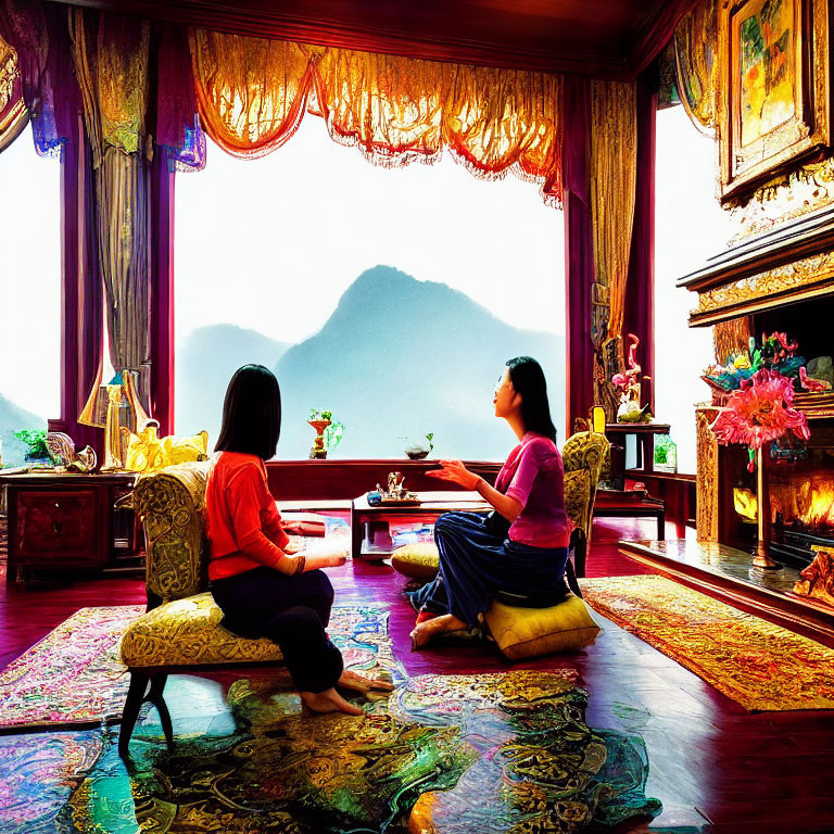 Two individuals conversing in a lavish room with mountain scenery and fireplace.