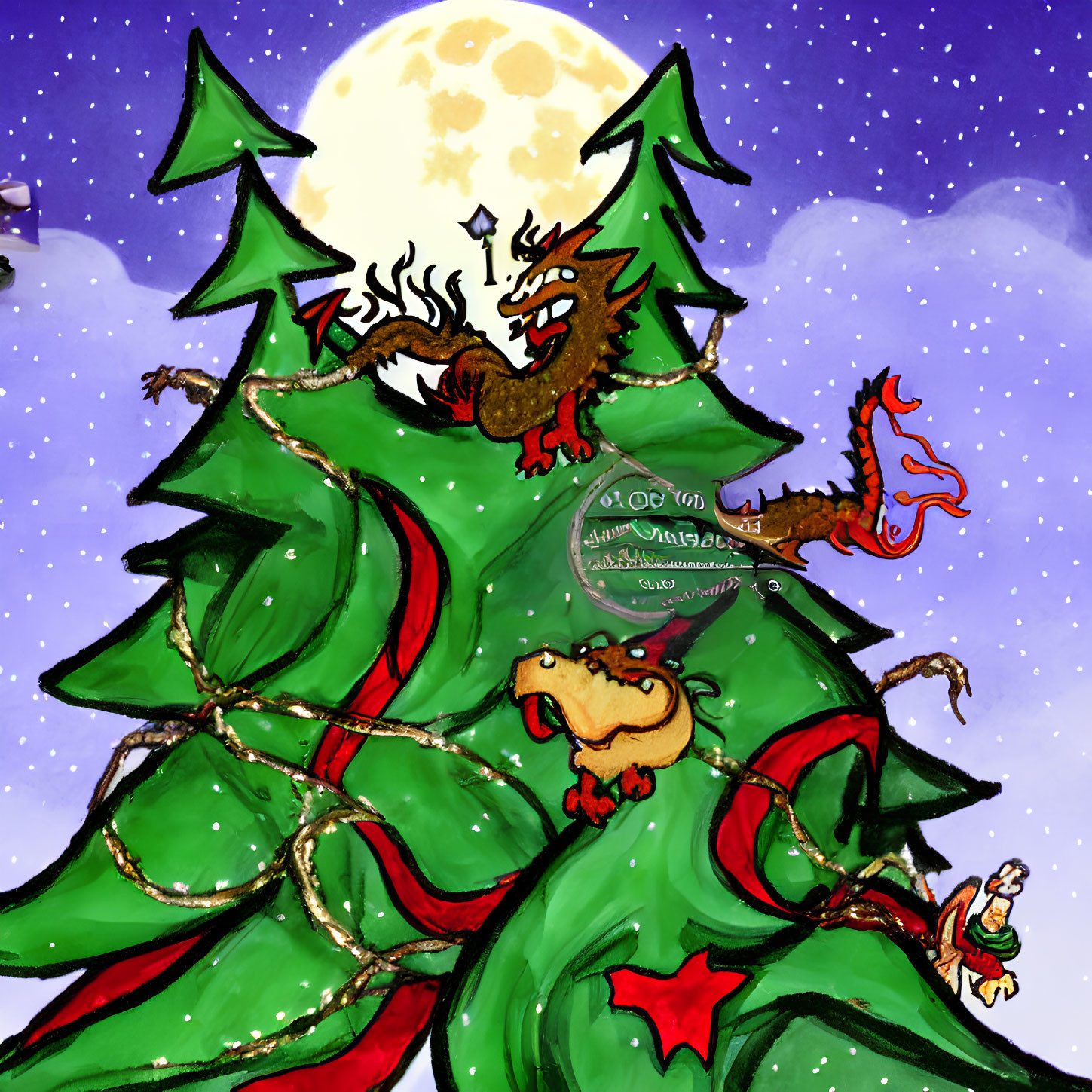 Dragons Decorating Christmas Tree in Moonlit Sky