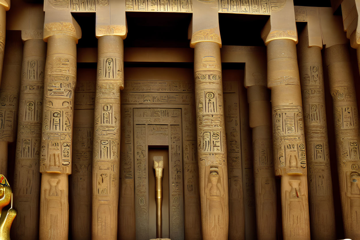 Ancient Egyptian temple columns with hieroglyphics and intricate carvings illuminated by warm light.
