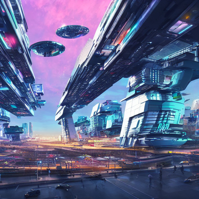 Futuristic cityscape with skyscrapers, flying vehicles, neon lights, and floating structures