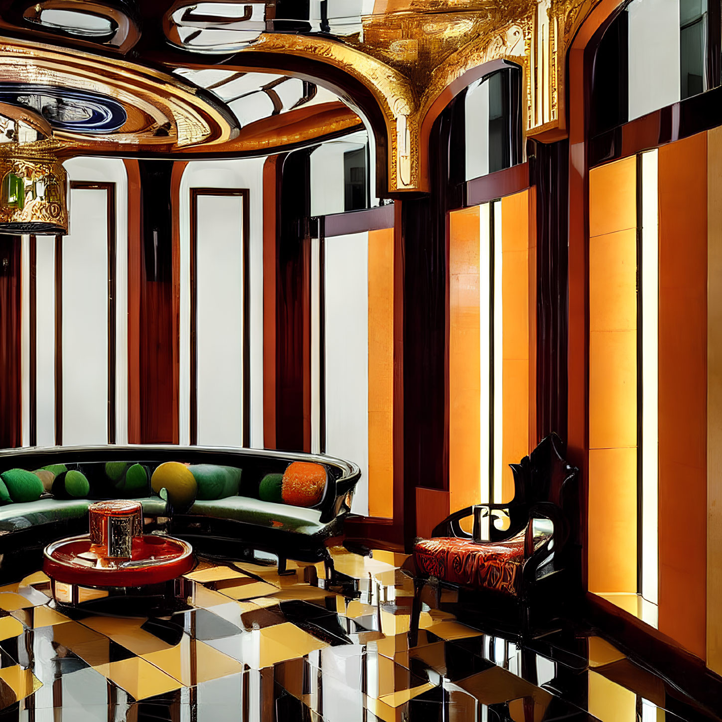 Luxurious Art Deco Interior with Geometric Patterns & Gold Accents
