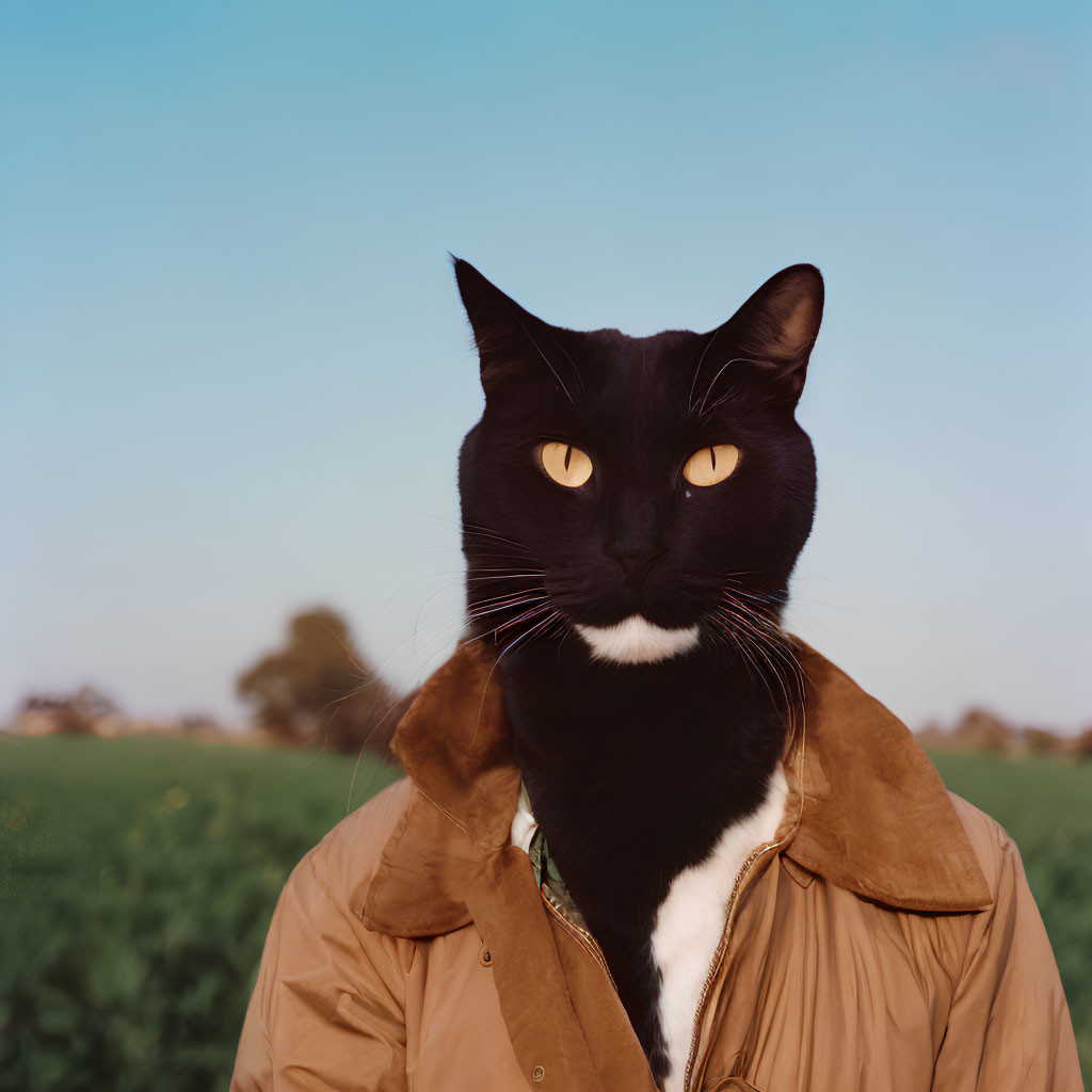 Black Cat in Brown Jacket with Yellow Eyes on Green Field Background