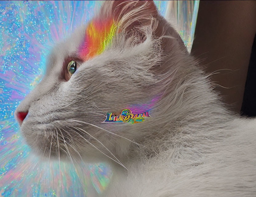 White Cat with Rainbow Light on Fur in Cosmic Background