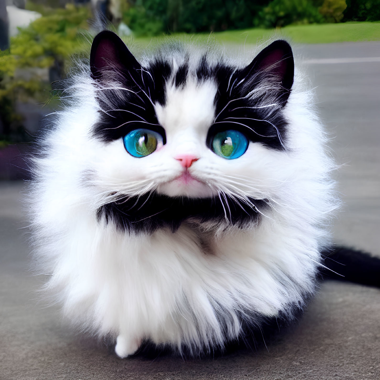Black and White Cat with Blue Eyes and Pink Nose Outdoors