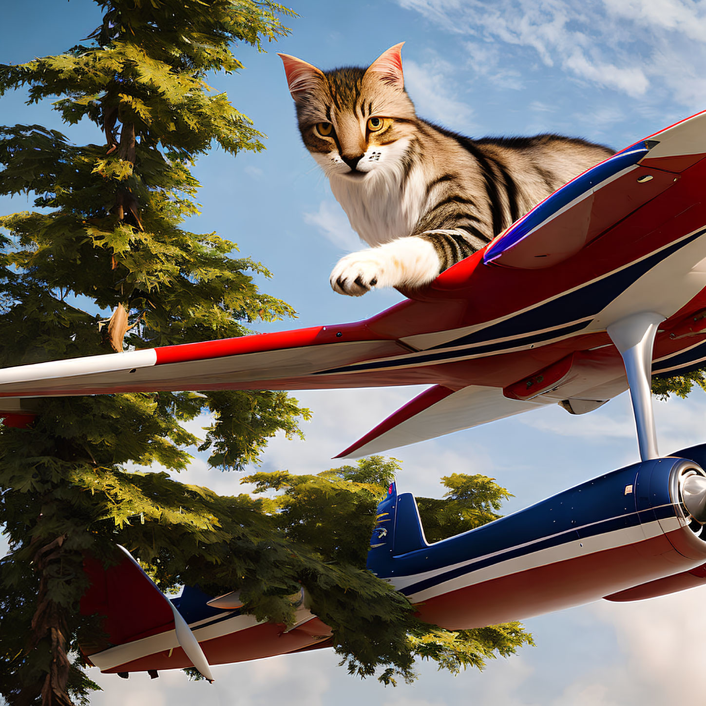 Tabby Cat Sitting on Model Airplane in Nature Scene