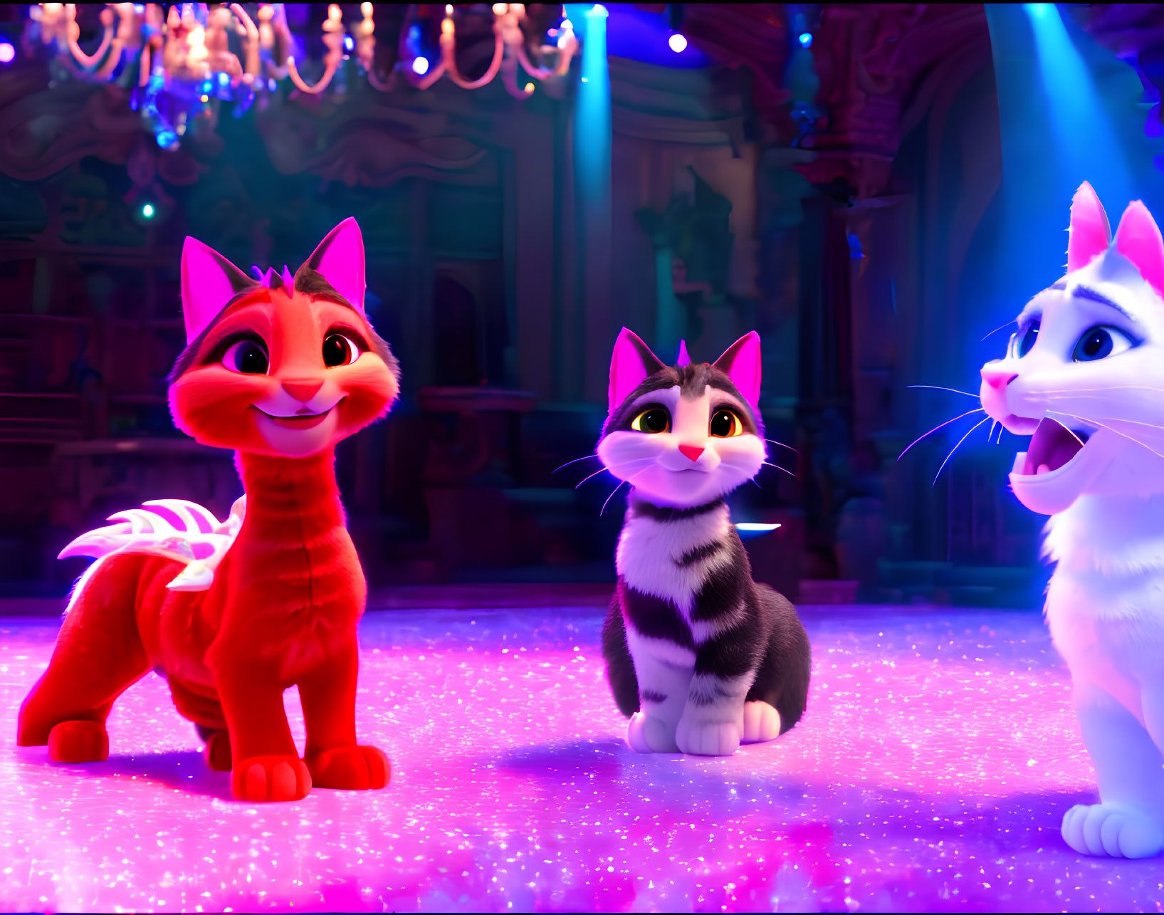 Three expressive animated cats on glittery floor with ornate theater backdrop.