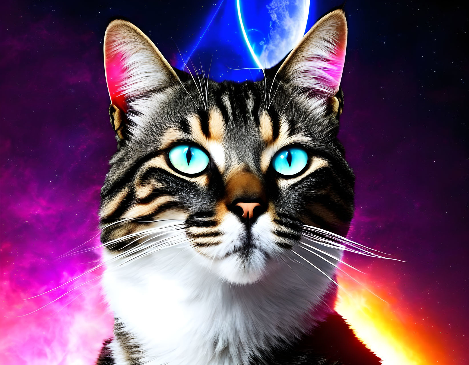 Tabby Cat with Blue Eyes in Cosmic Setting
