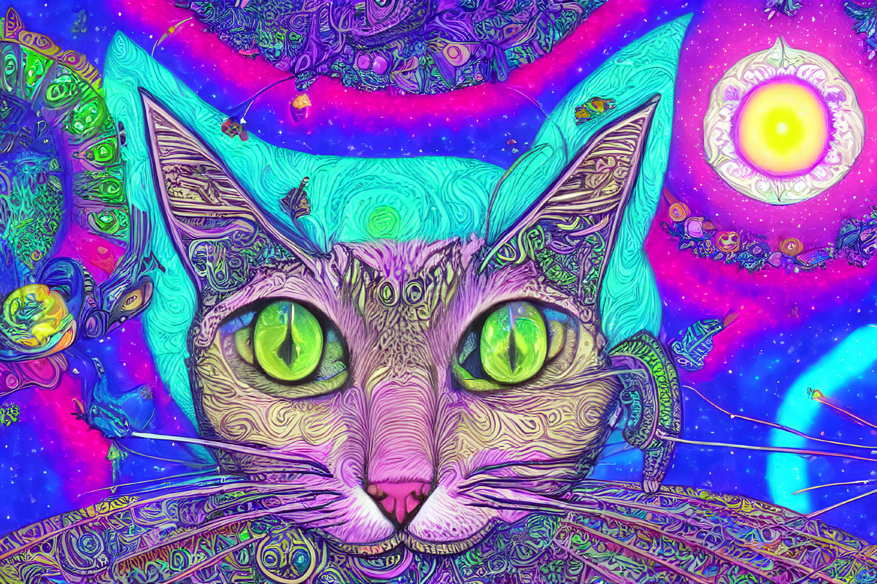 Colorful Psychedelic Cat Artwork with Cosmic Background