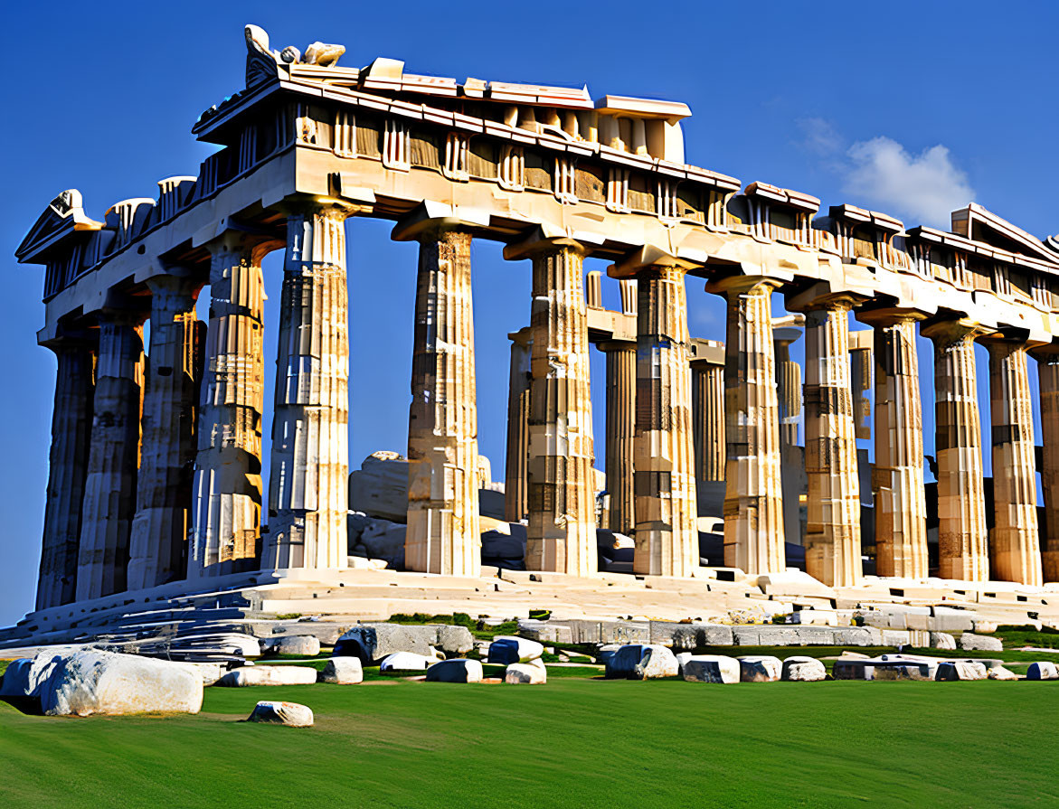Ancient Greek temple ruins with Doric columns under clear blue sky