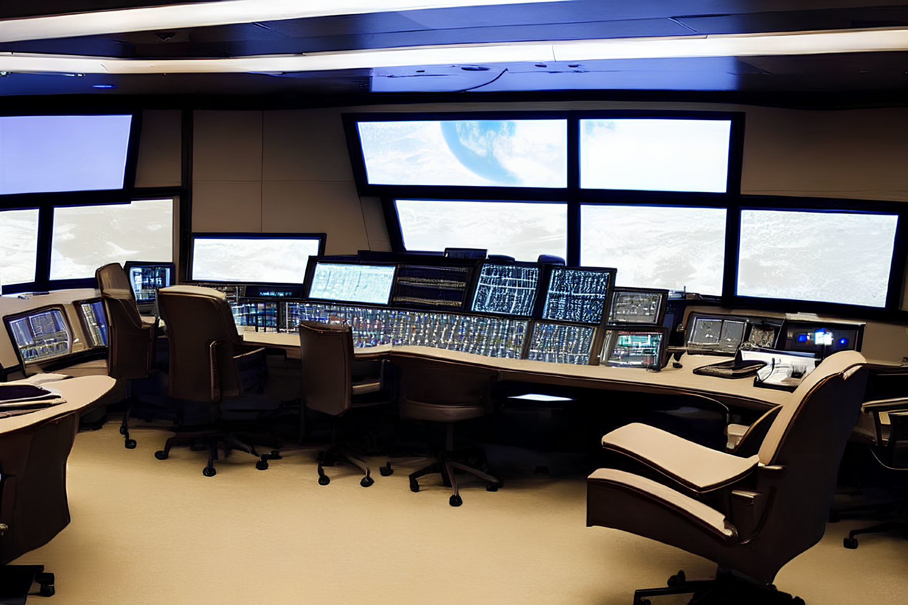 Control room with multiple screens, Earth views, control panel, switches, empty chairs, dim lighting