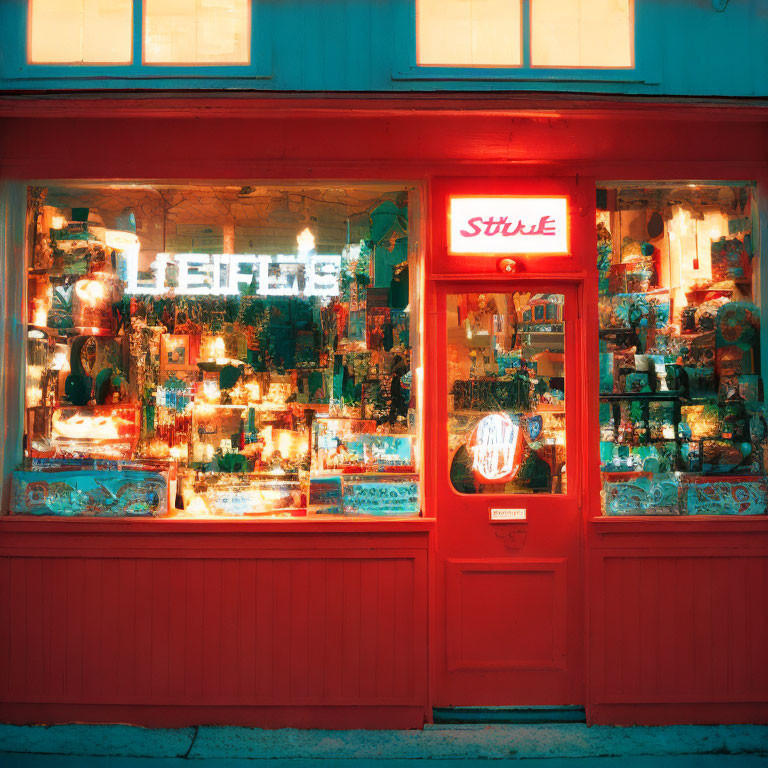 Vibrant red storefront at dusk with illuminated display windows and neon signs