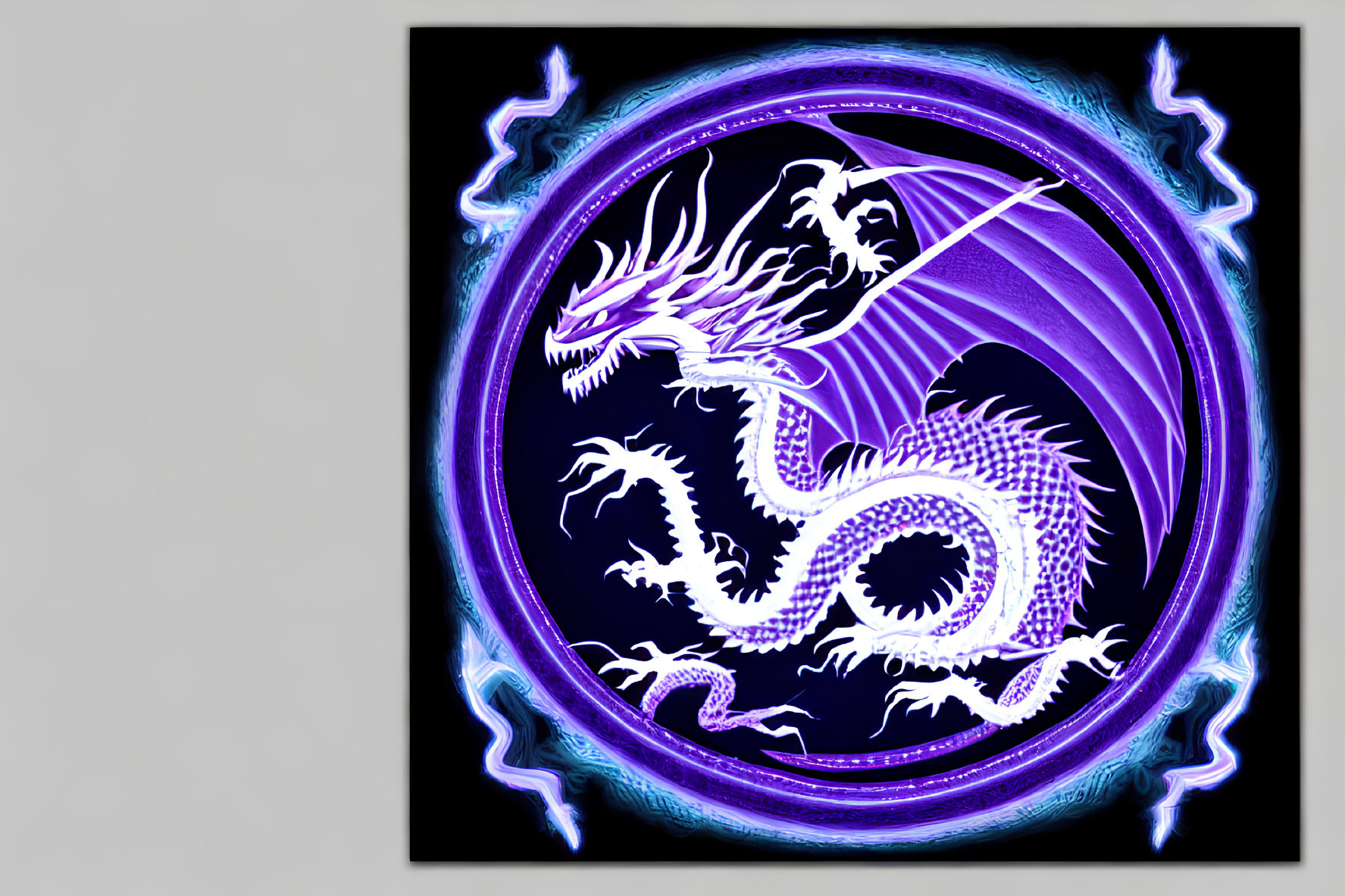 Colorful digital artwork: Purple and white dragon surrounded by blue flames on dark backdrop