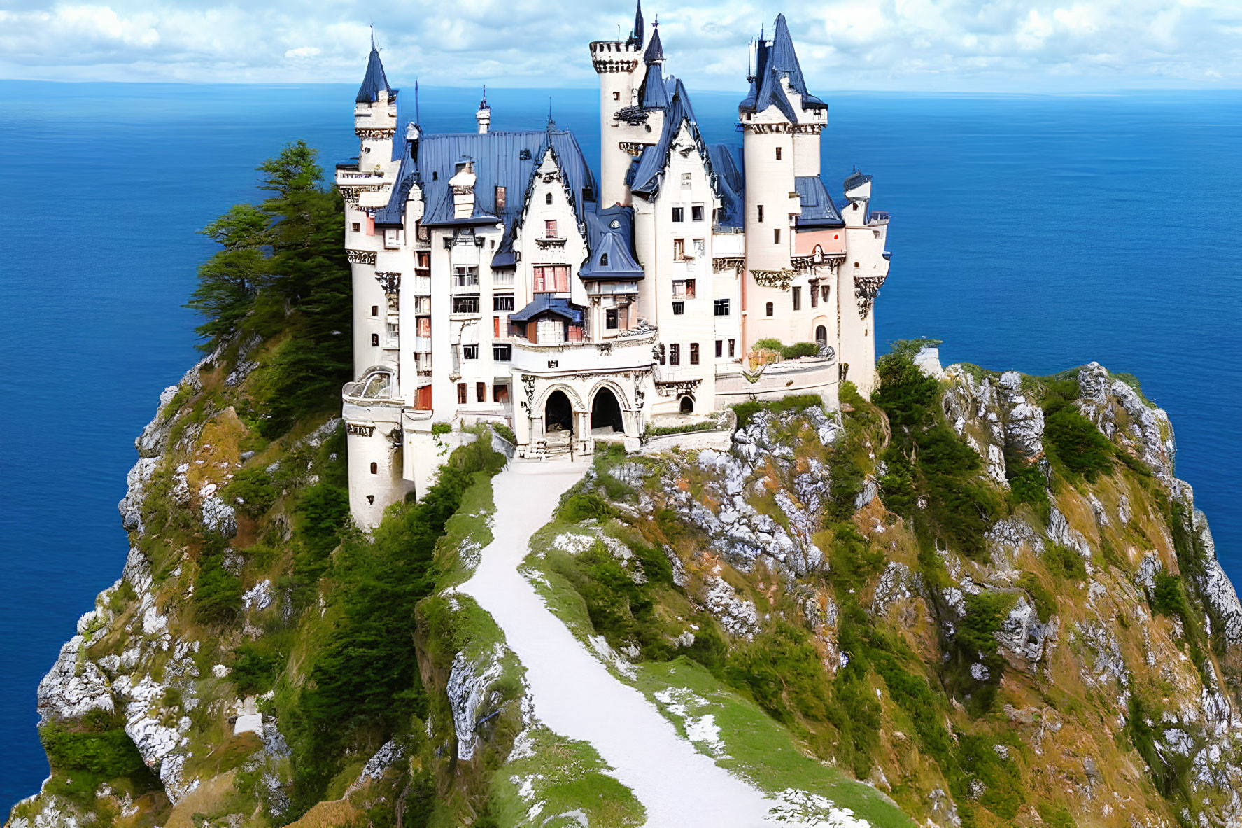 Cliff-top fairy-tale castle overlooking ocean and sky