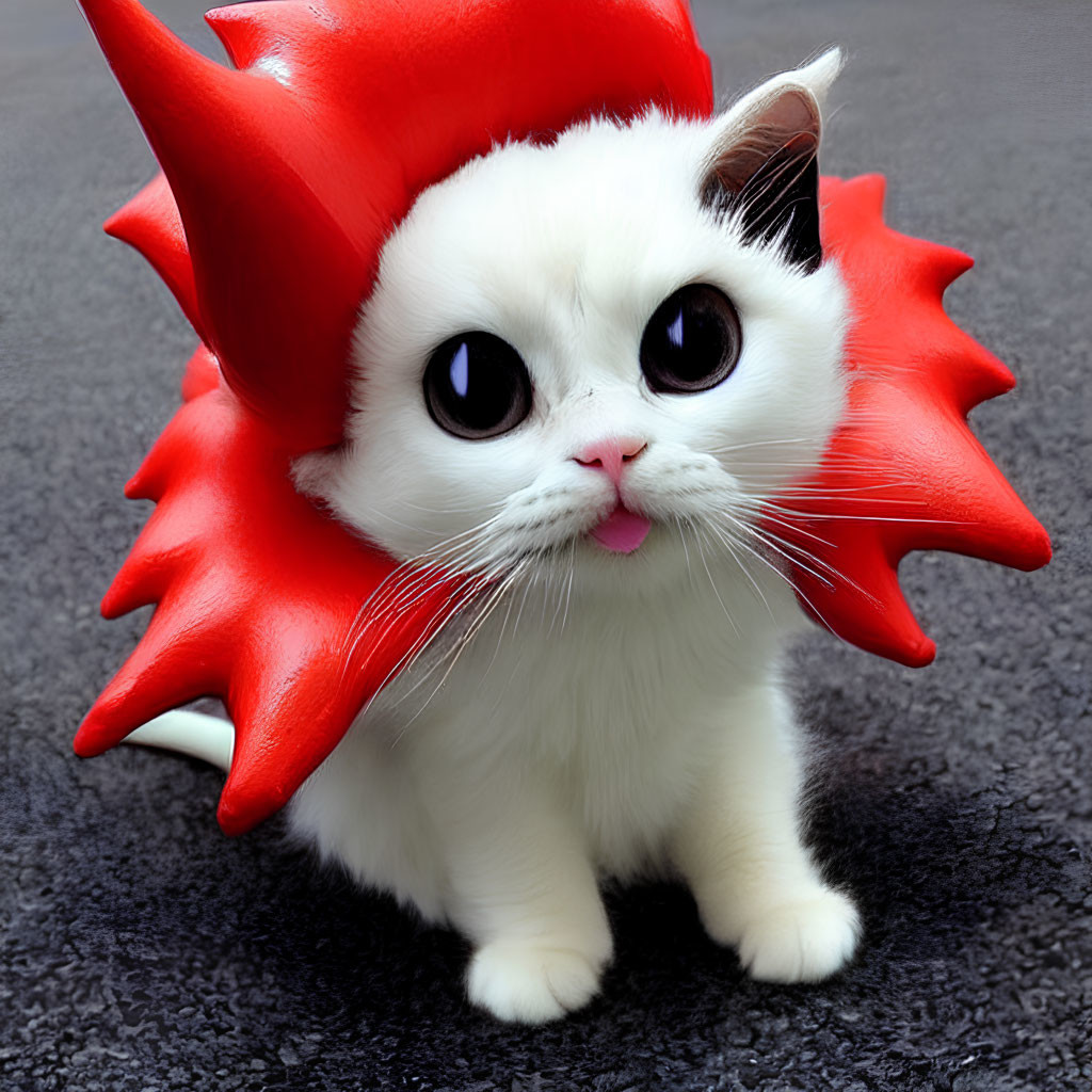 White Cat in Red Dinosaur Costume with Black Markings