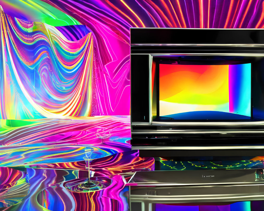 Vintage television with colorful gradient on psychedelic backdrop
