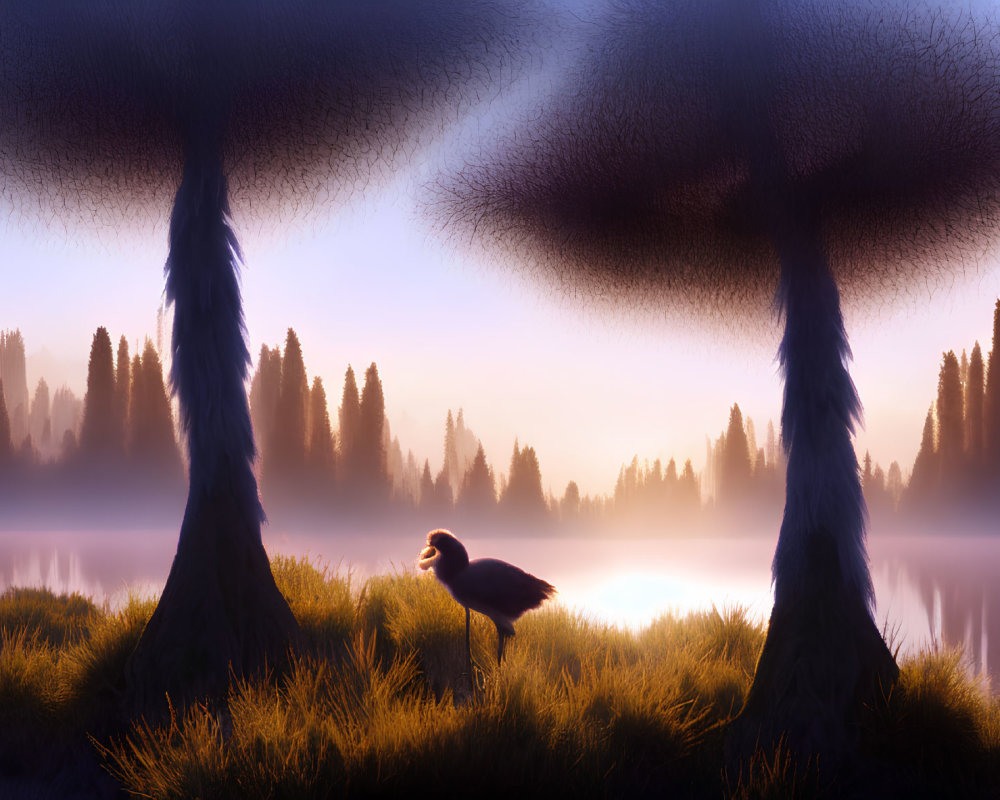 Surreal landscape with two trees, bird, and misty background at sunrise or sunset
