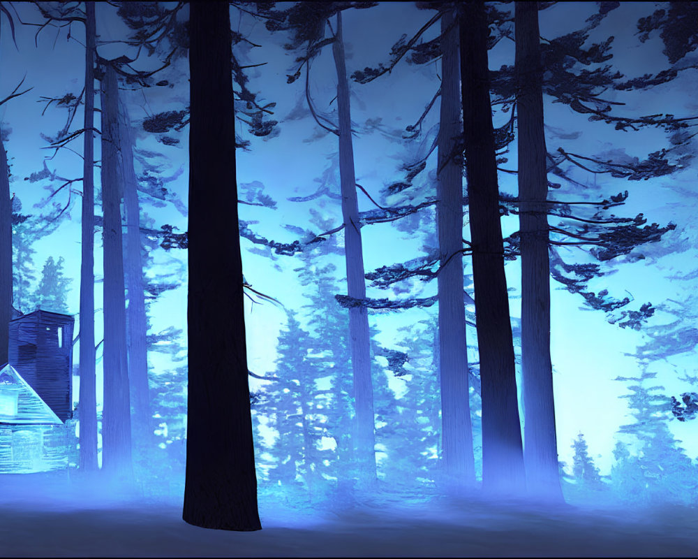 Misty Blue Forest with Tall Trees and Small Cabin