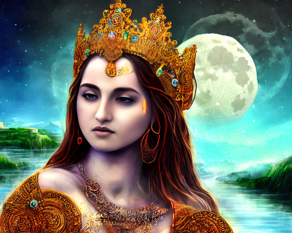 Detailed illustration of a woman with golden crown and earrings in fantasy setting