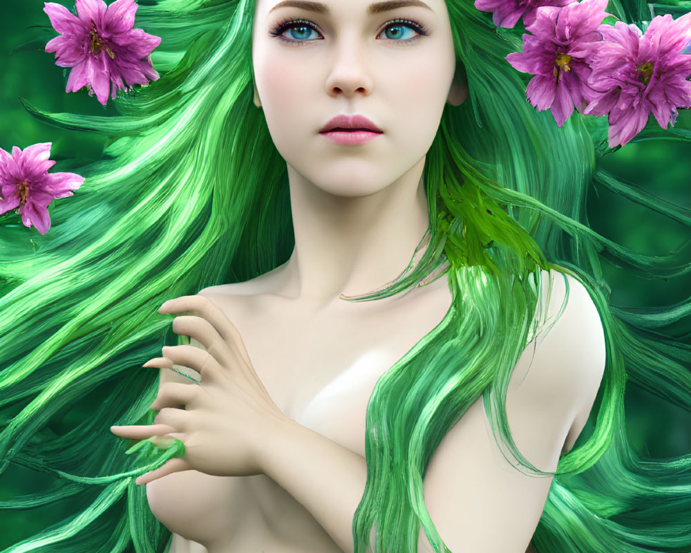 Vibrant green hair, pink flowers, blue eyes, foliage on figure in lush setting