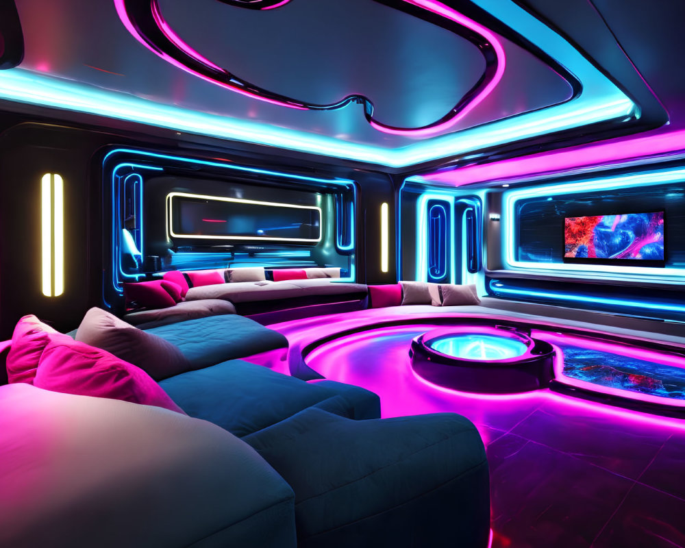 Futuristic Interior with Neon Lights and Curved Sofas in Pink and Blue