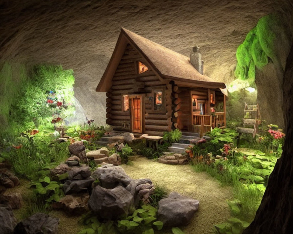 Charming log cabin nestled in lush, cave-like setting