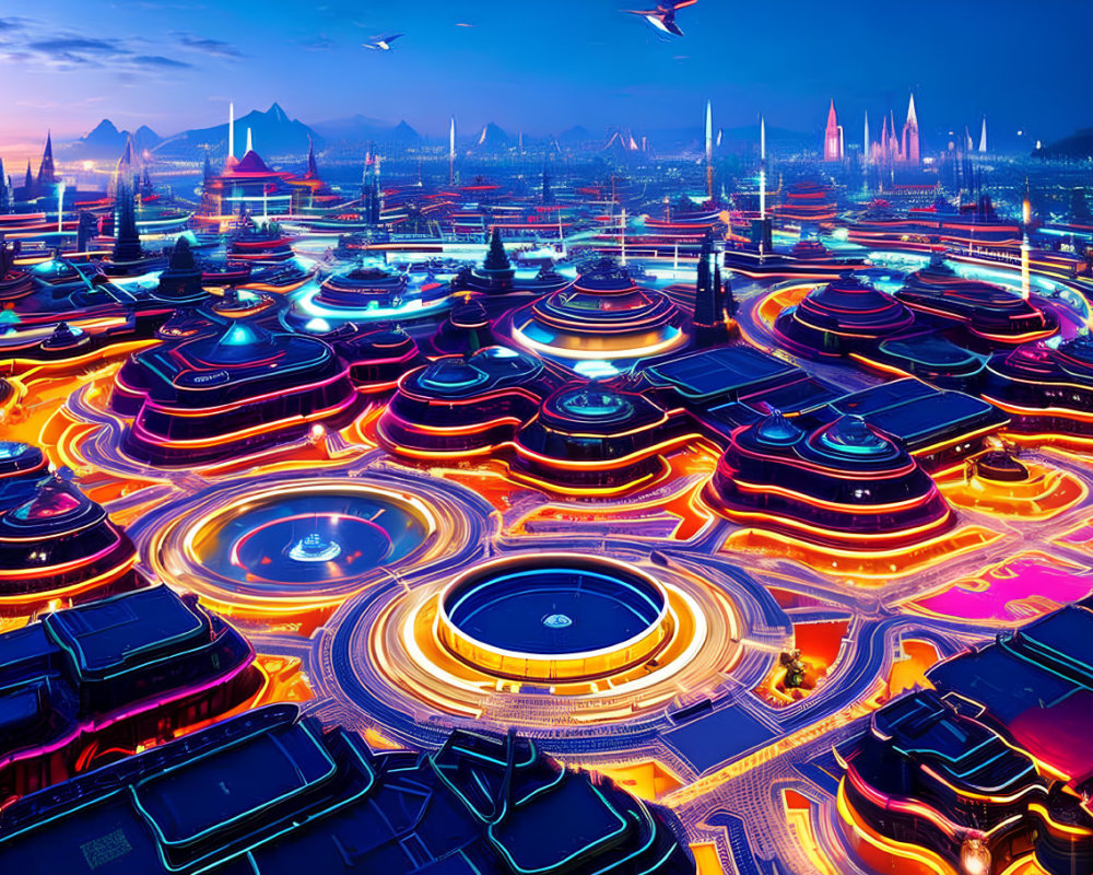 Futuristic cityscape with neon-lit circular structures at dusk