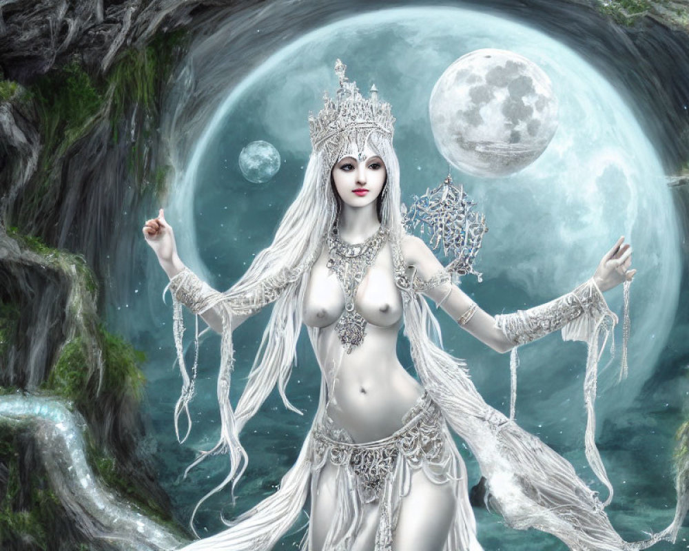 Silver-haired woman adorned with intricate jewelry in front of moonlit forest.
