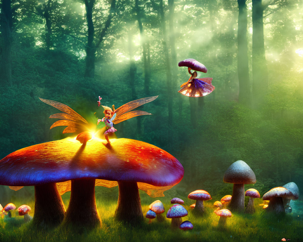 Enchanting forest with oversized mushrooms and fairy in sunlight