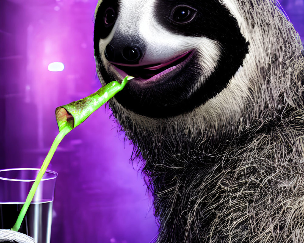 Sloth with human-like features drinking on purple background