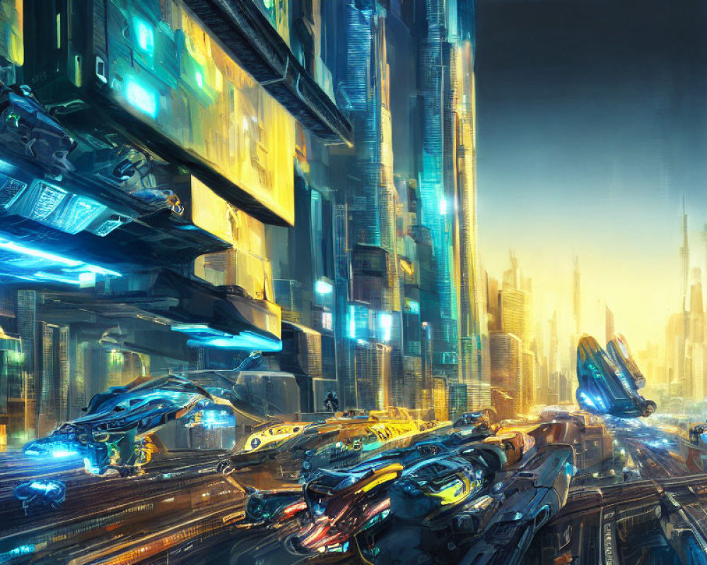 Futuristic cityscape with skyscrapers and flying cars at twilight
