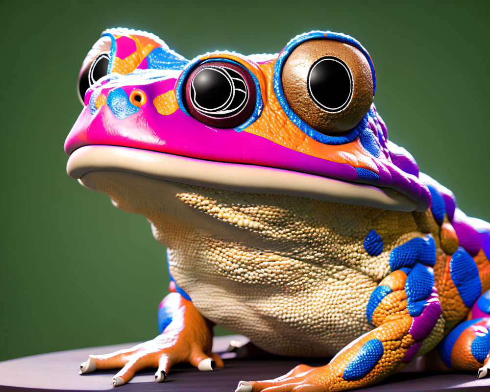 Vibrant 3D frog illustration with colorful patterns on dark surface