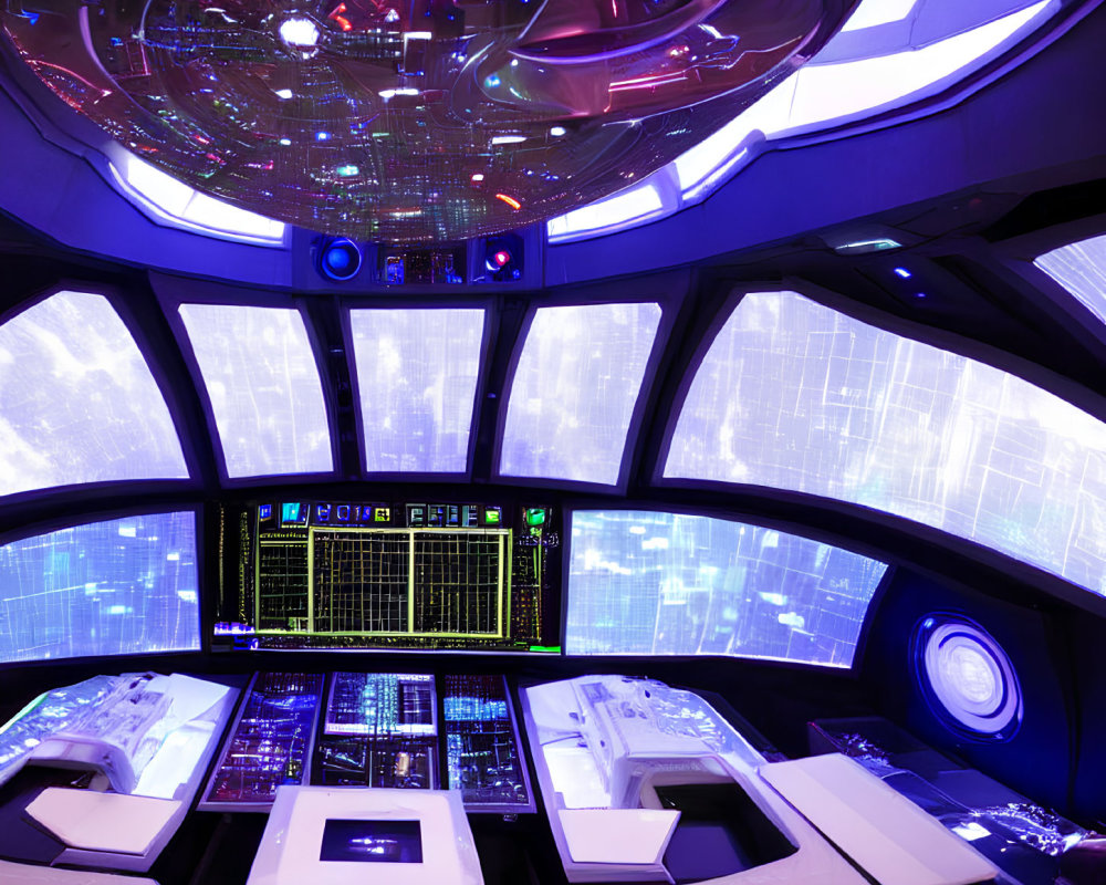 Futuristic Spaceship Bridge with Control Panels and Screens