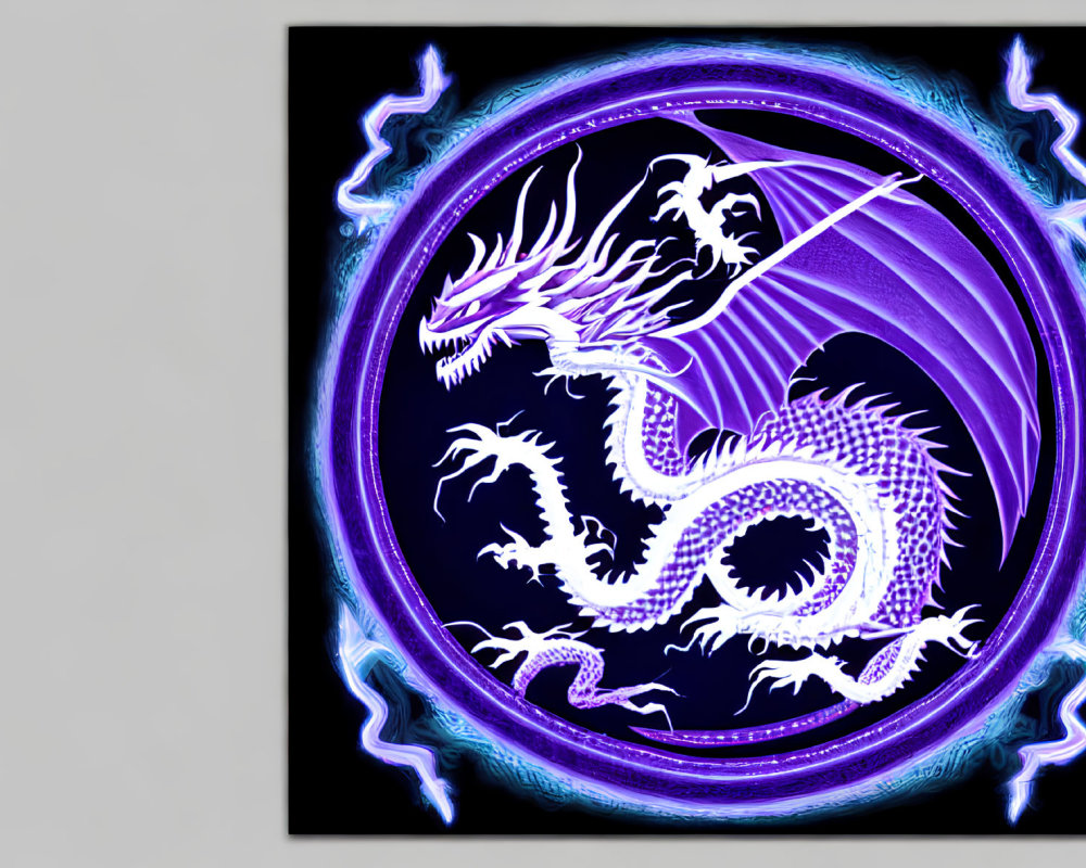 Colorful digital artwork: Purple and white dragon surrounded by blue flames on dark backdrop