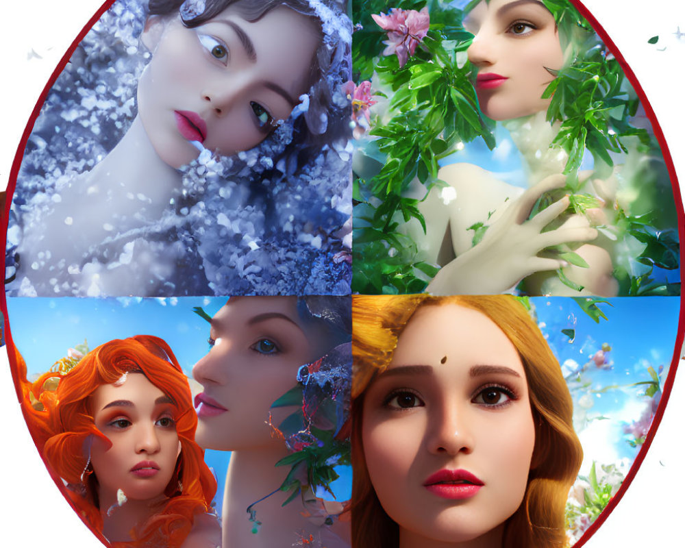 Stylized female faces representing seasons: winter in snowflakes, spring in flowers, summer in