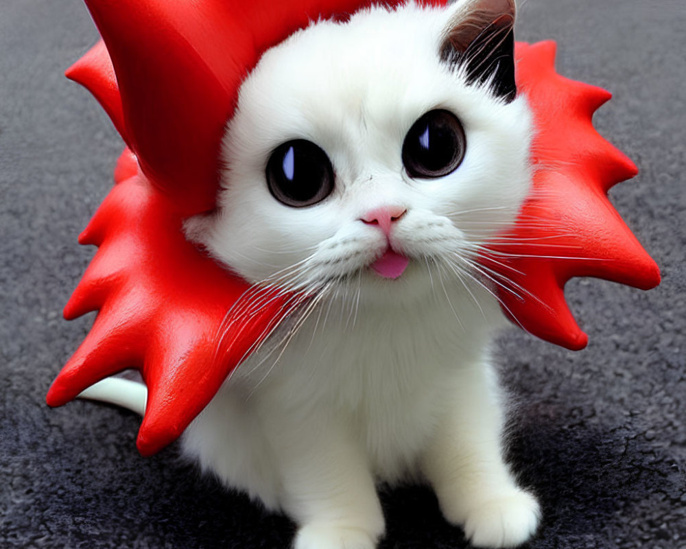 White Cat in Red Dinosaur Costume with Black Markings