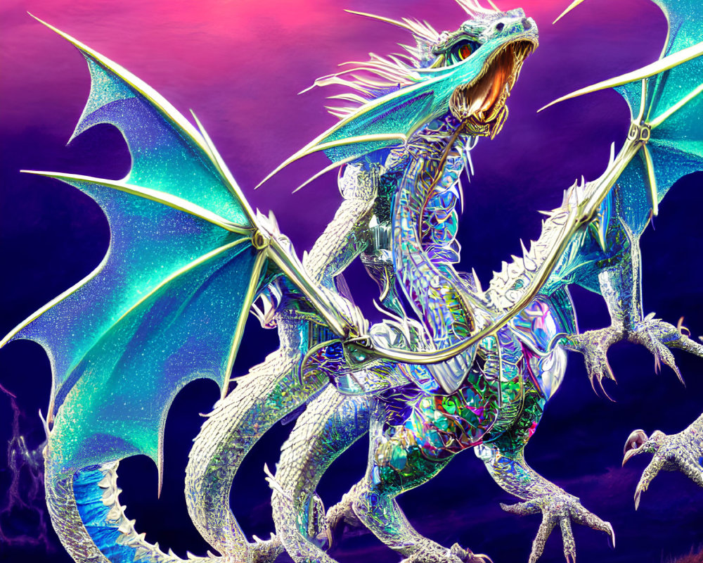 Colorful Dragon with Open Wings in Vibrant Purple Sky