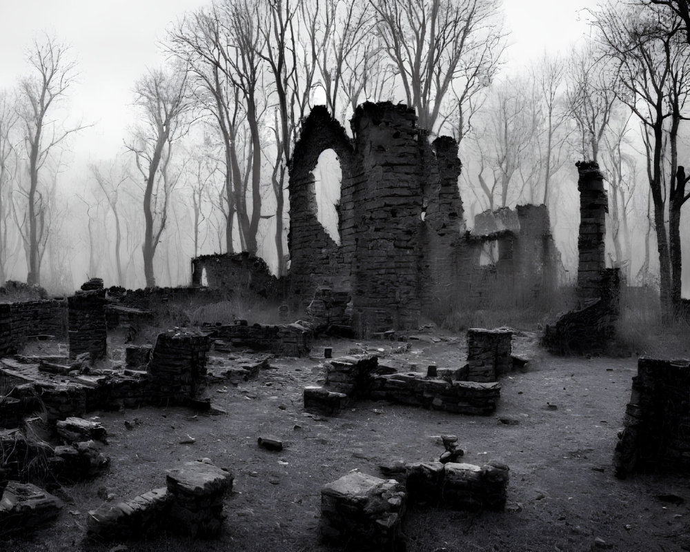 Desolate landscape with ruins and bare trees in fog